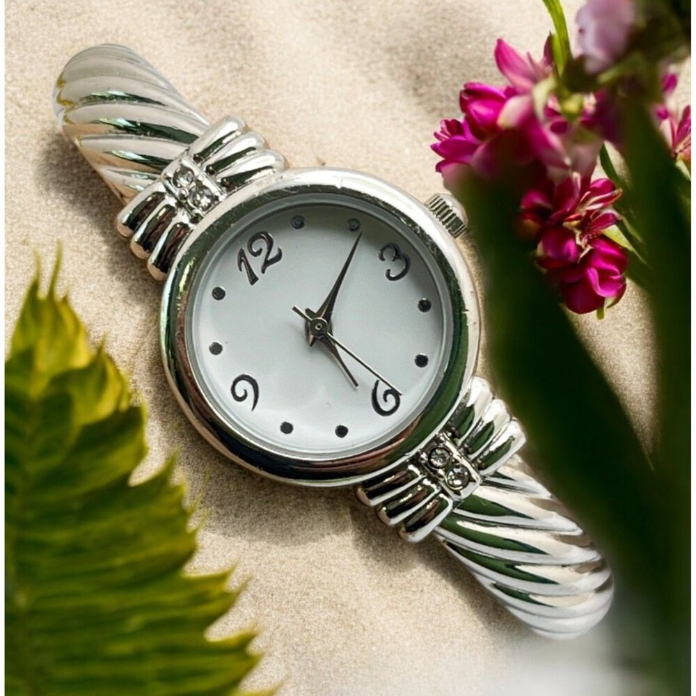 Vintage Silver Tone Cuff Watch Bracelet Rhinestone Accents Stainless Steel Back